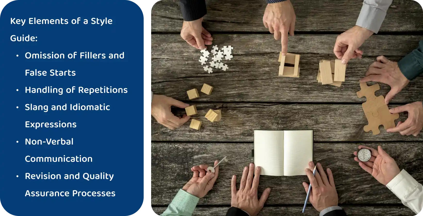 A collaborative workspace where hands assemble puzzles and wooden blocks, visualizing the key elements of a transcription guide.