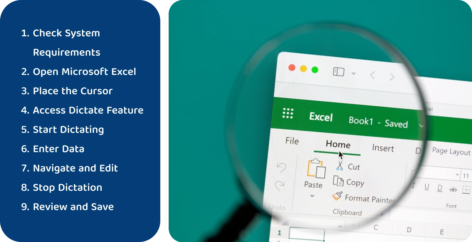 Use the dictate function in Excel to transcribe speech to text efficiently, as shown through the magnified interface.