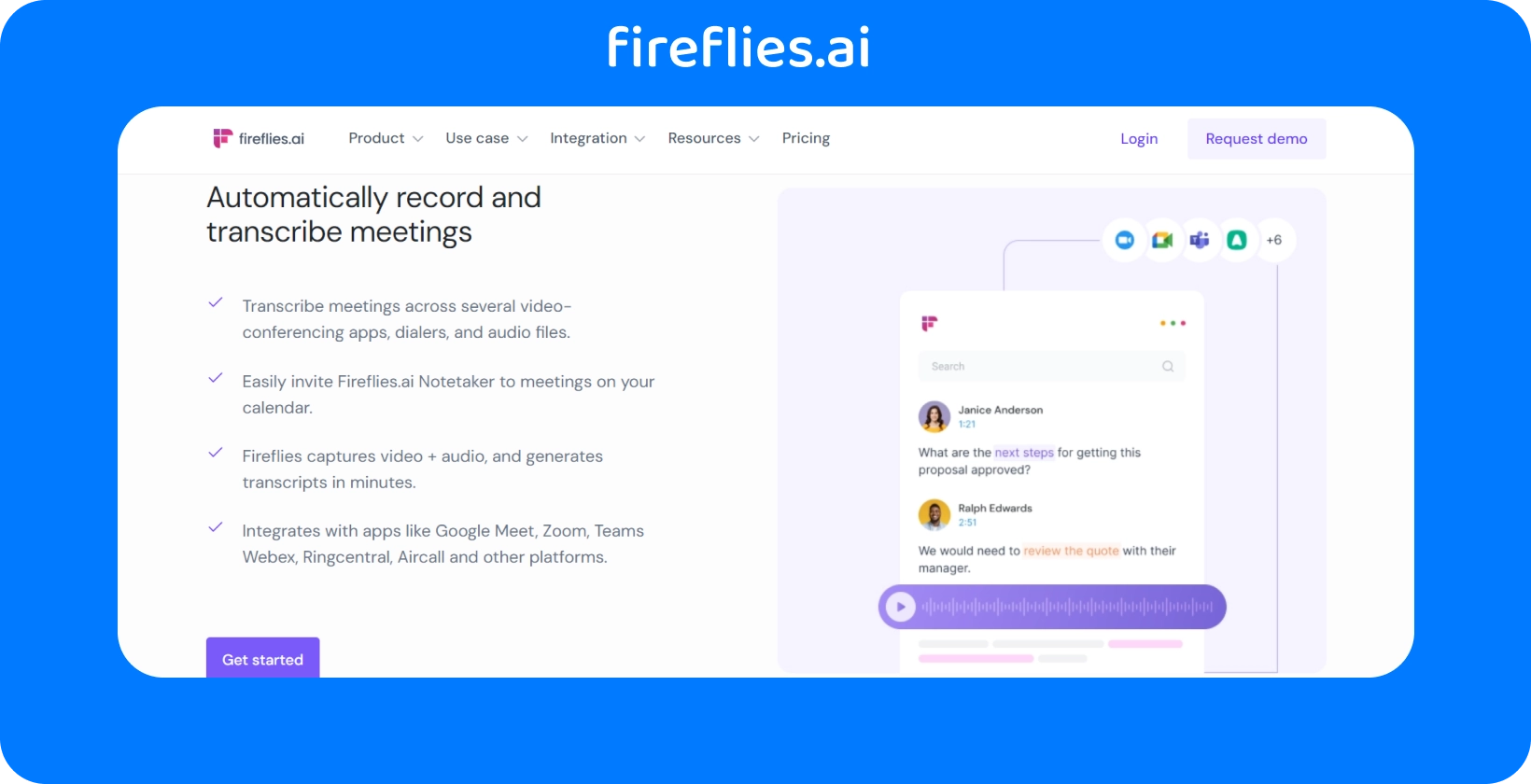 Capture d’écran de Fireflies.ai, un outil de transcription d’appels de premier plan, présentant son interface et ses fonctionnalités.