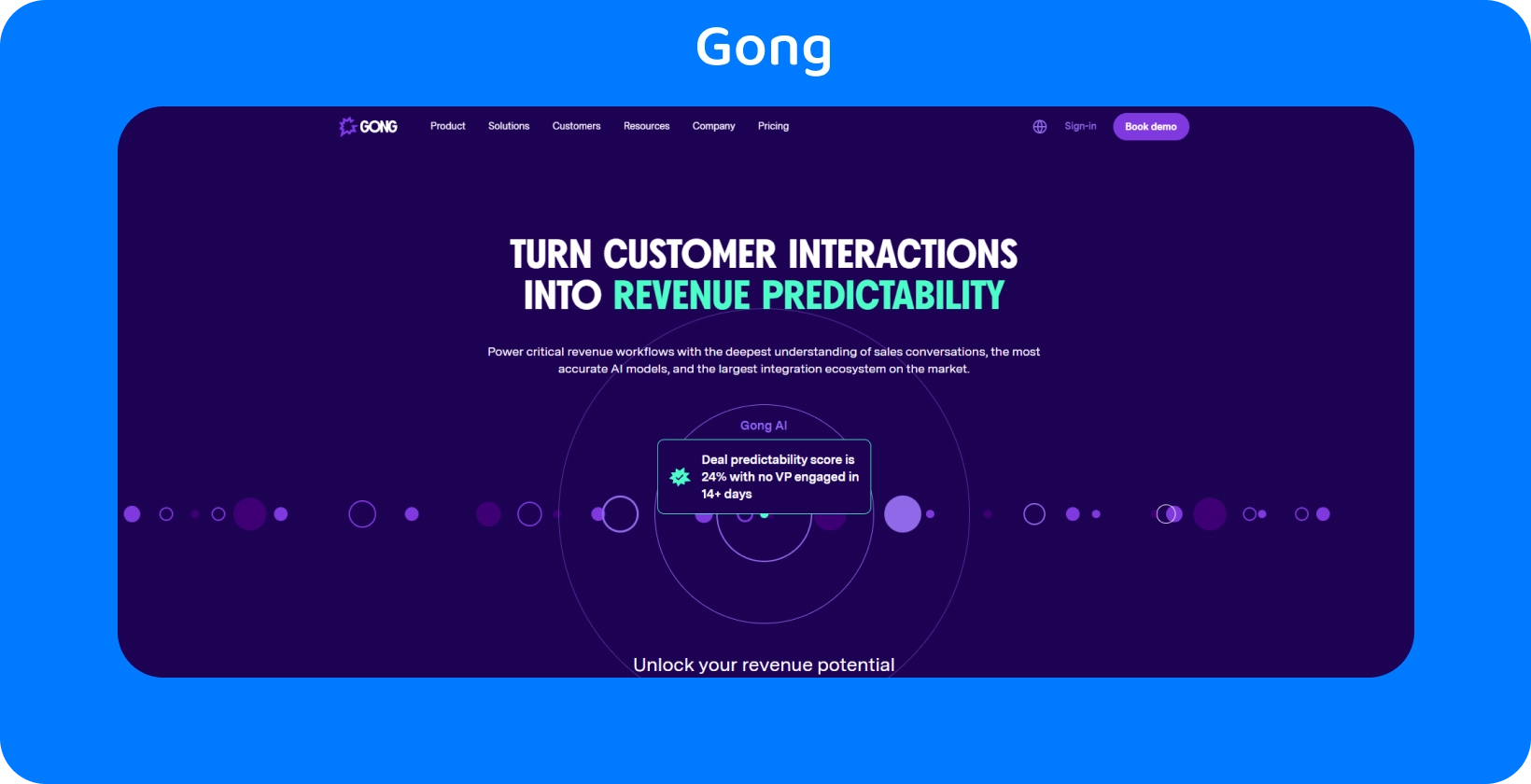 A interface do Gong destaca a conversão da interação com o cliente em previsibilidade de receita, utilizando AI para vendas.