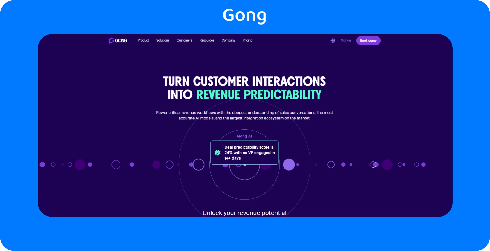 La interfaz de Gong destaca la conversión de la interacción con el cliente en previsibilidad de ingresos, utilizando AI para las ventas.