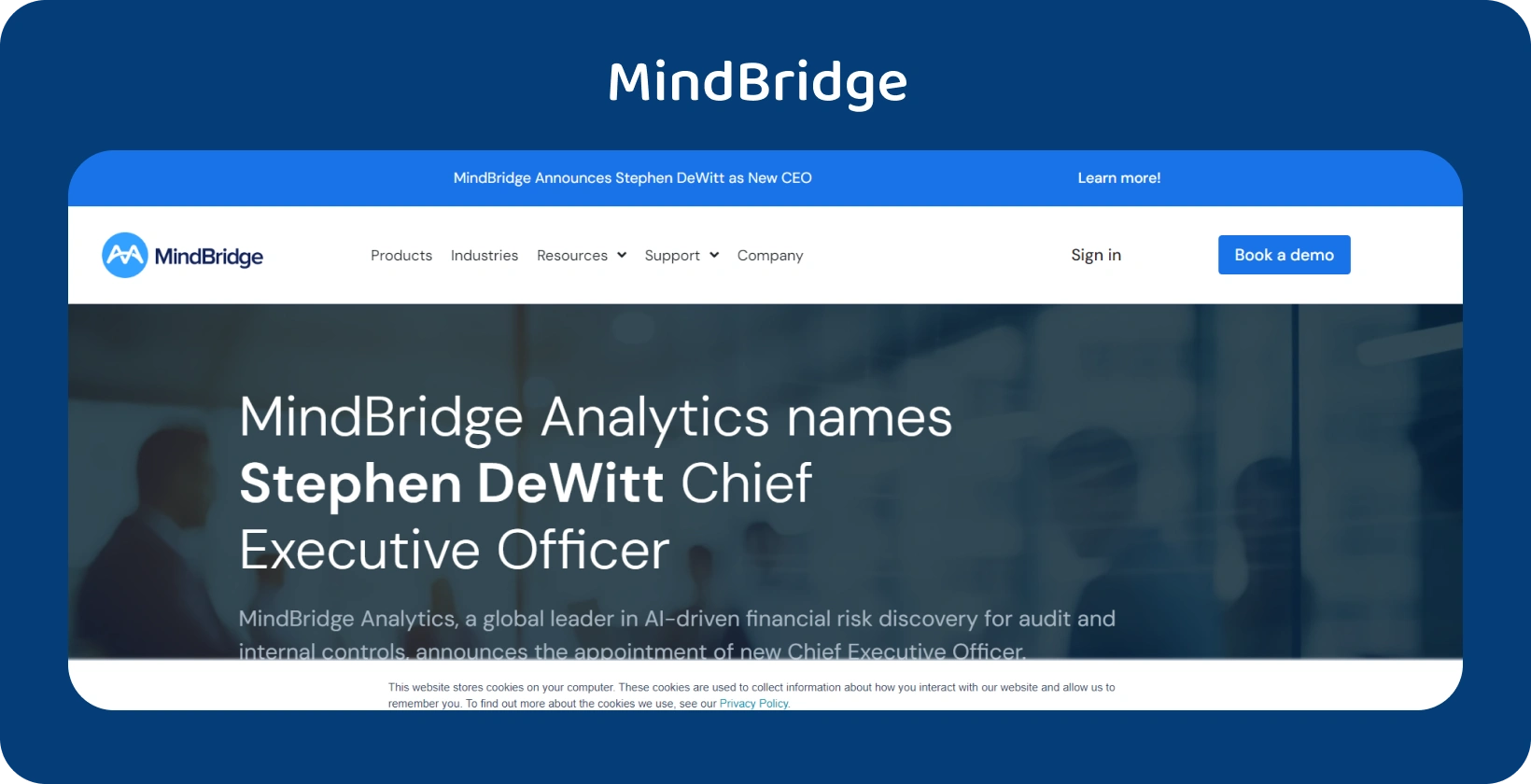 The MindBridge Analytics homepage proudly announces Stephen DeWitt as its new CEO, leading the company's forward journey.