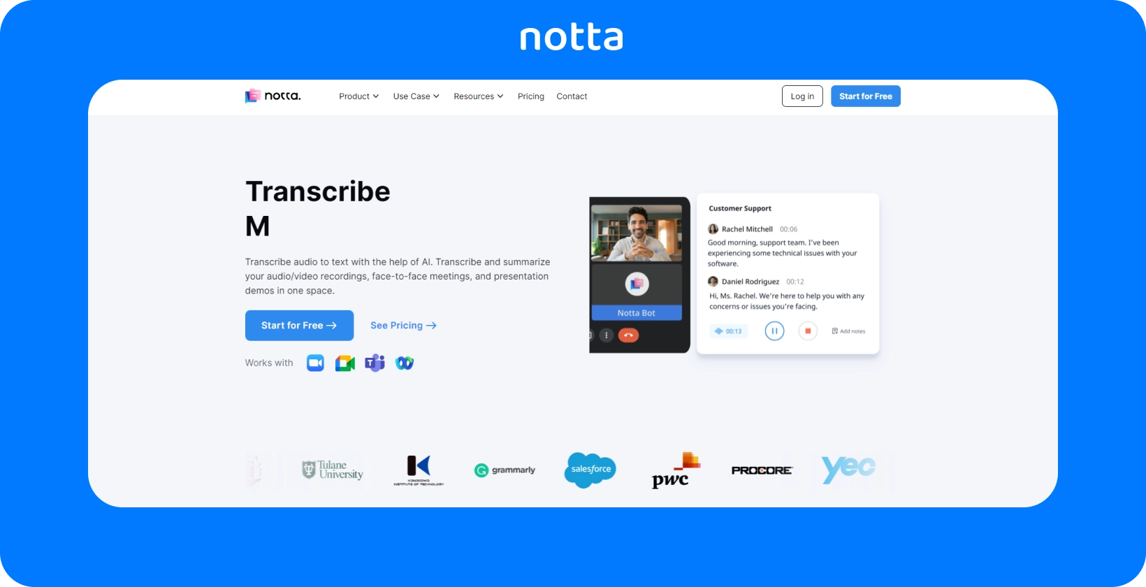 Notta の Web ページでは、明確でユーザー中心のインターフェイスを備えたオーディオおよびビデオ会議用の AI を利用した文字起こしを紹介しています。