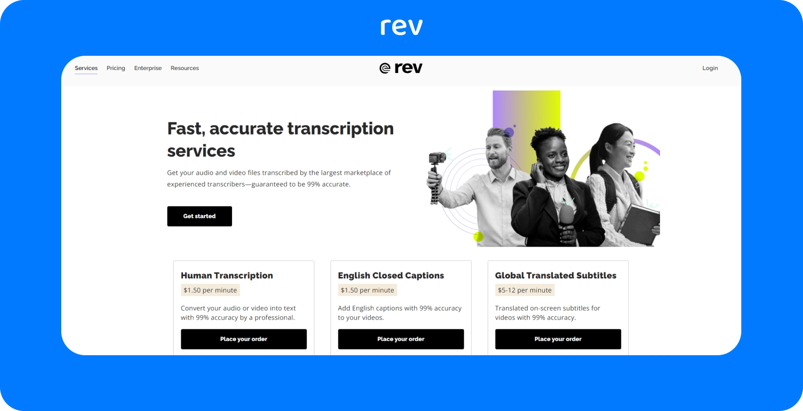 Revのホームページは、99%の精度が保証された、専門家による迅速で正確な文字起こしサービスを強調しています。