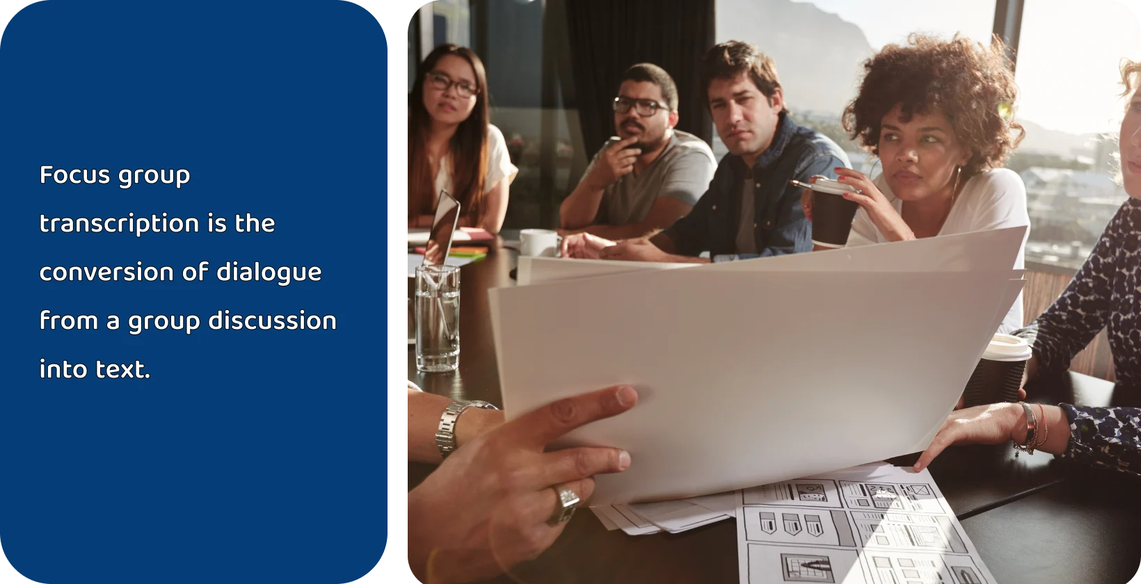 Group of professionals reviewing documents at a meeting, highlighting the importance of transcription.