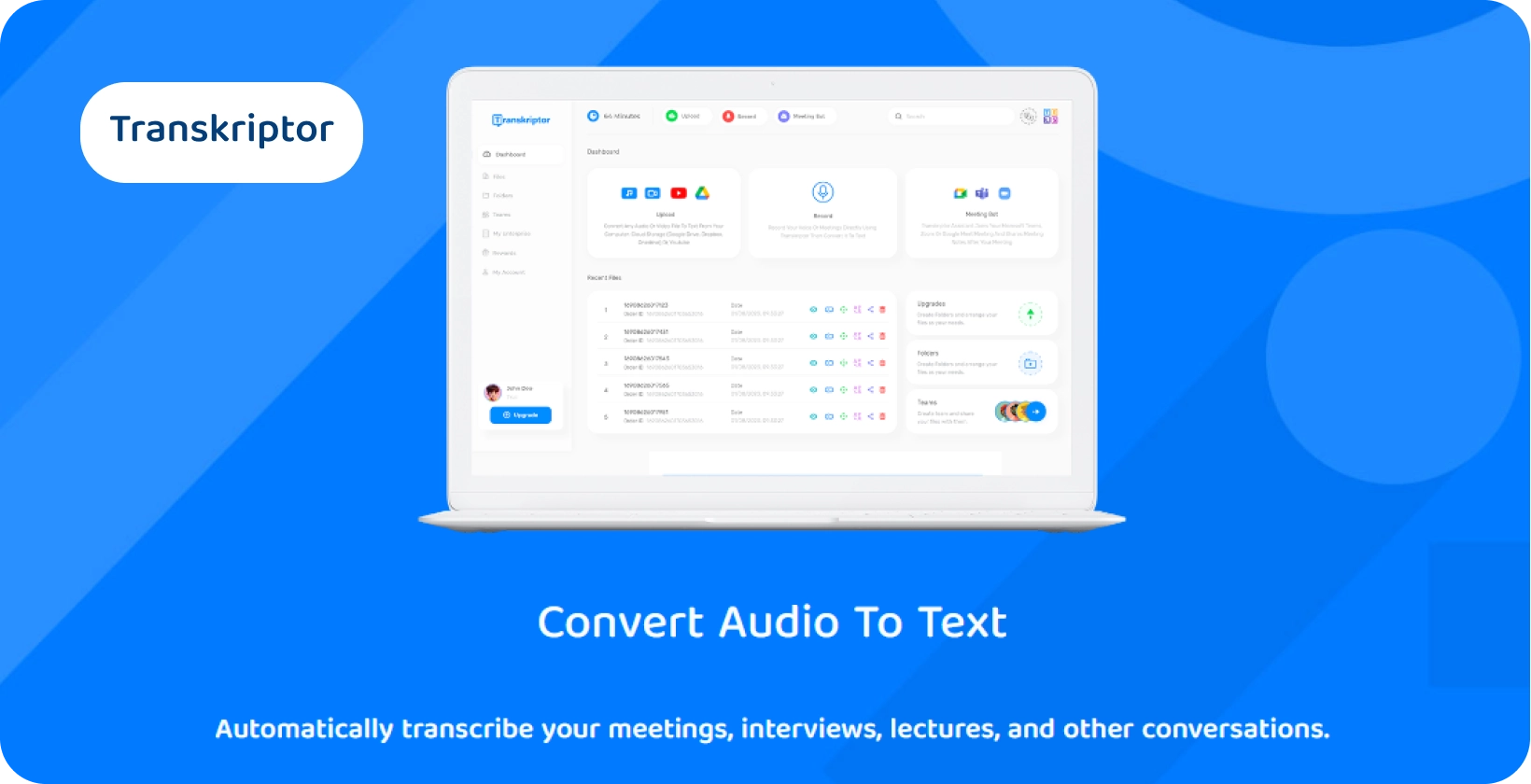 Transkriptor's dashboard showcasing its audio to text conversion features for efficient transcription.