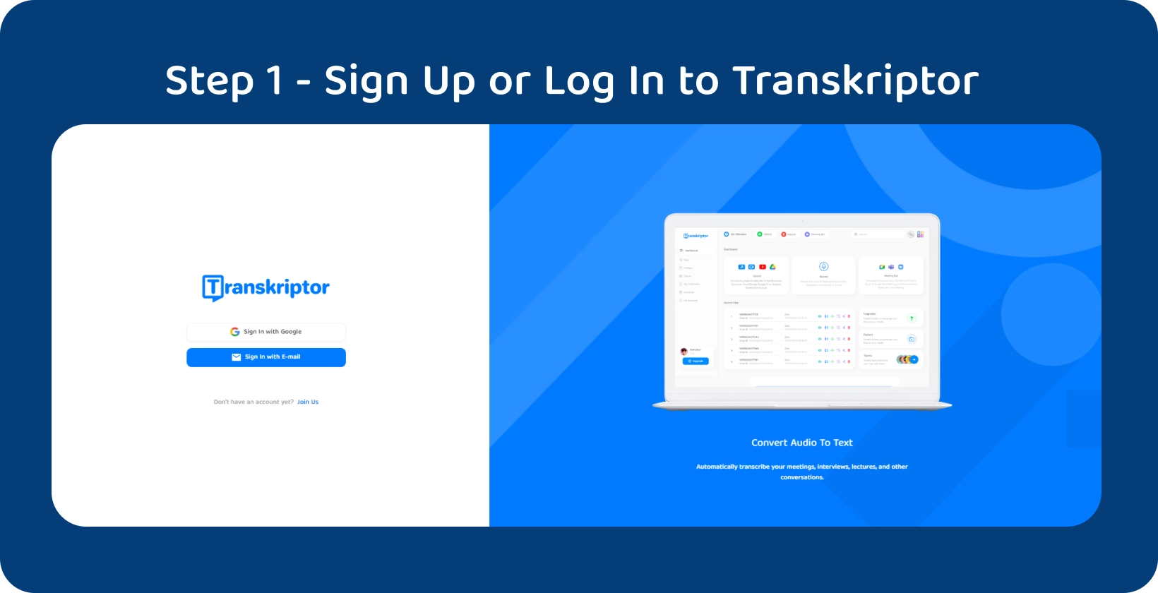 Transkriptor login screen and interface showcasing features for converting audio to text, for transcribing voicemails efficiently.