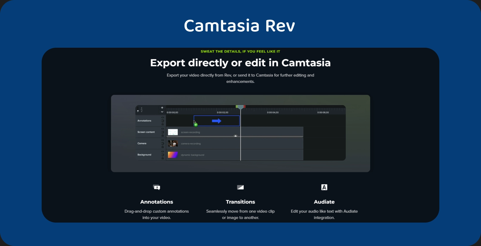 La interfaz de Camtasia con la opción de exportar subtítulos resaltada, lo que indica un flujo de trabajo de subtítulos optimizado.