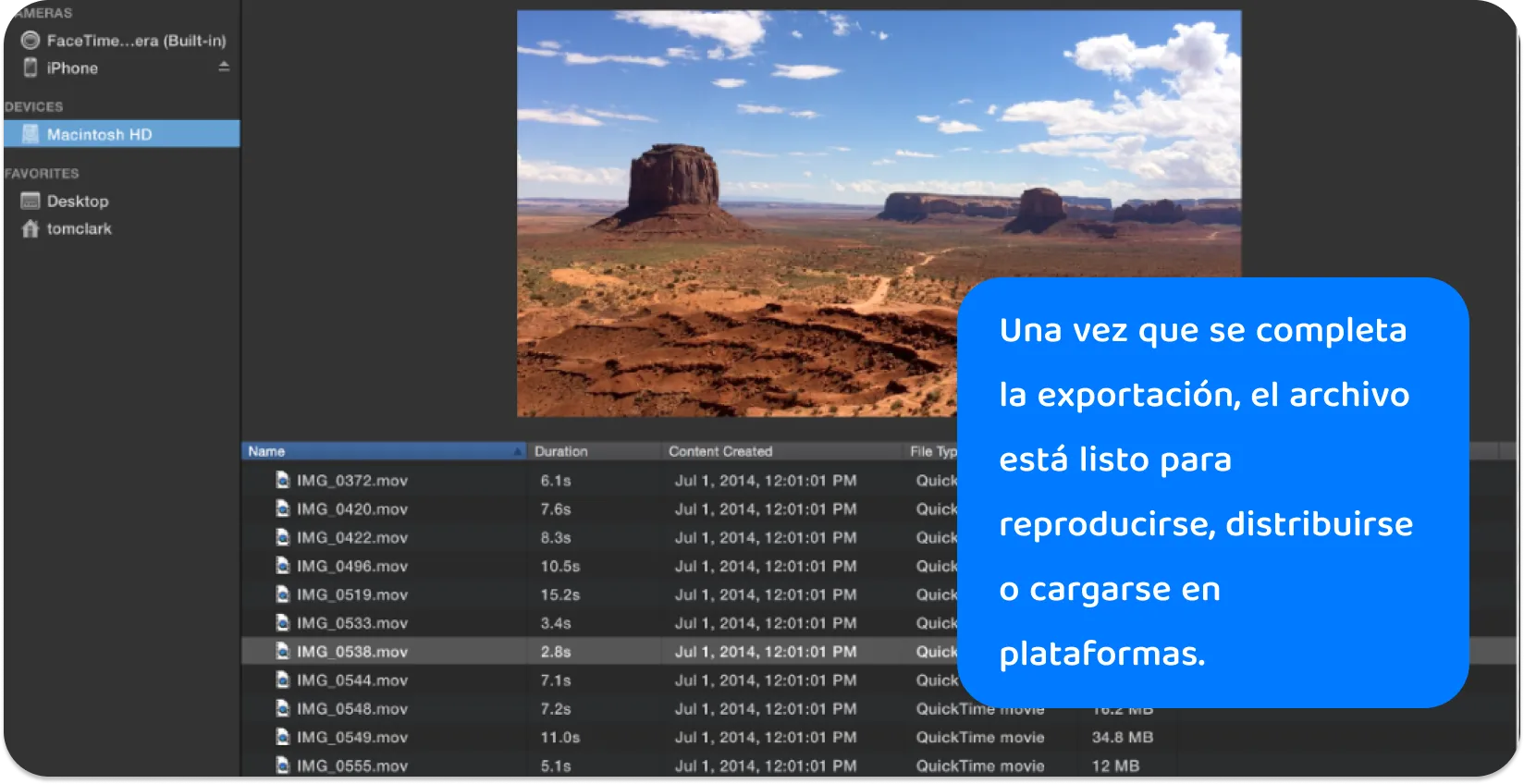 Captura de pantalla de la biblioteca multimedia de iMovie con una selección de archivos .mov, mostrando varias duraciones de video para la edición de proyectos.