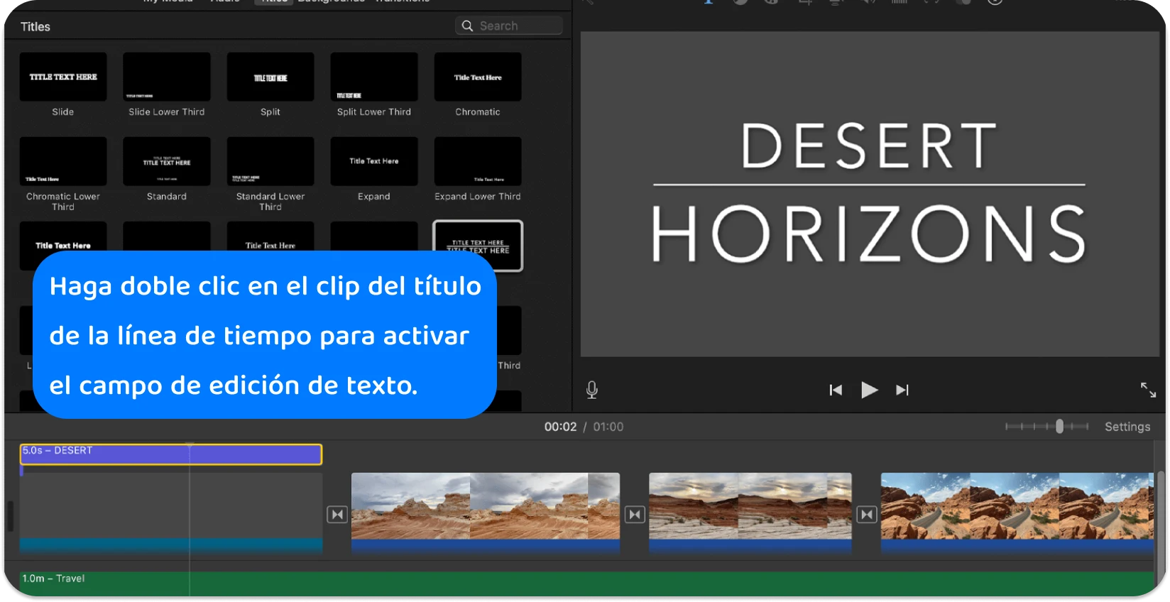 La interfaz de títulos de iMovie muestra una variedad de estilos y formatos de texto para agregar títulos profesionales a proyectos de video.

