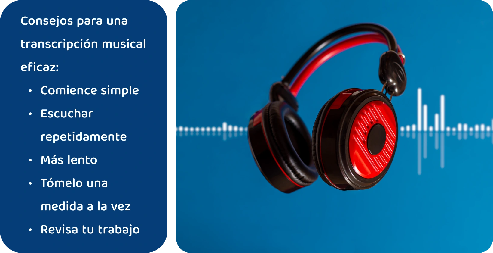 Auriculares con un fondo de forma de onda, que representan herramientas para mejorar la transcripción de música a través de una escucha concentrada y repetida.