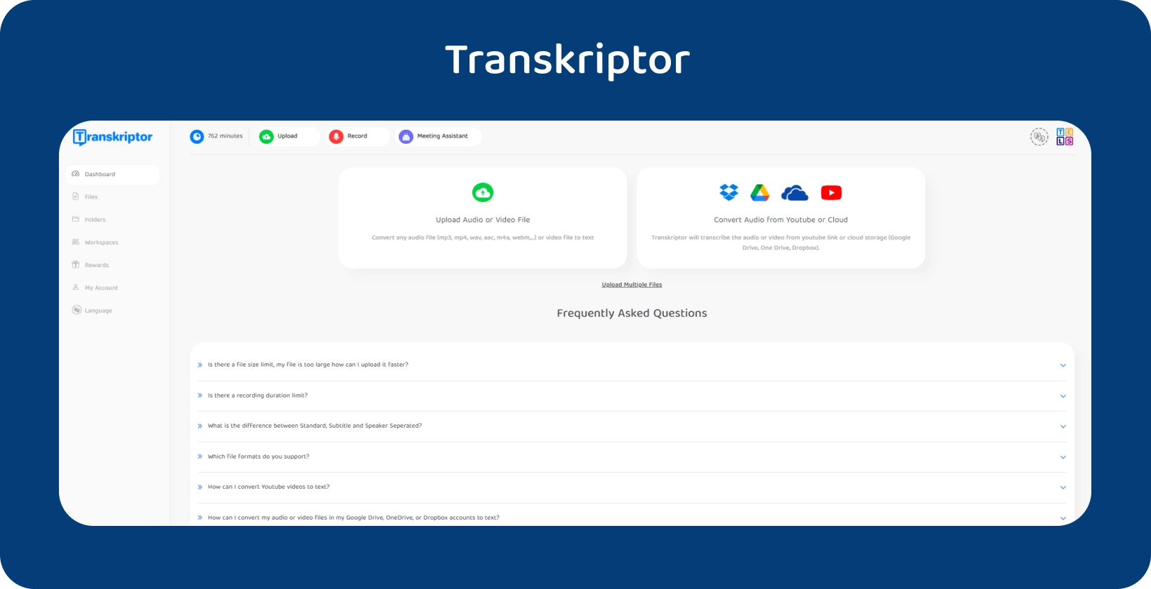 La interfaz de Transkriptor promociona su servicio de conversión de audio a texto.