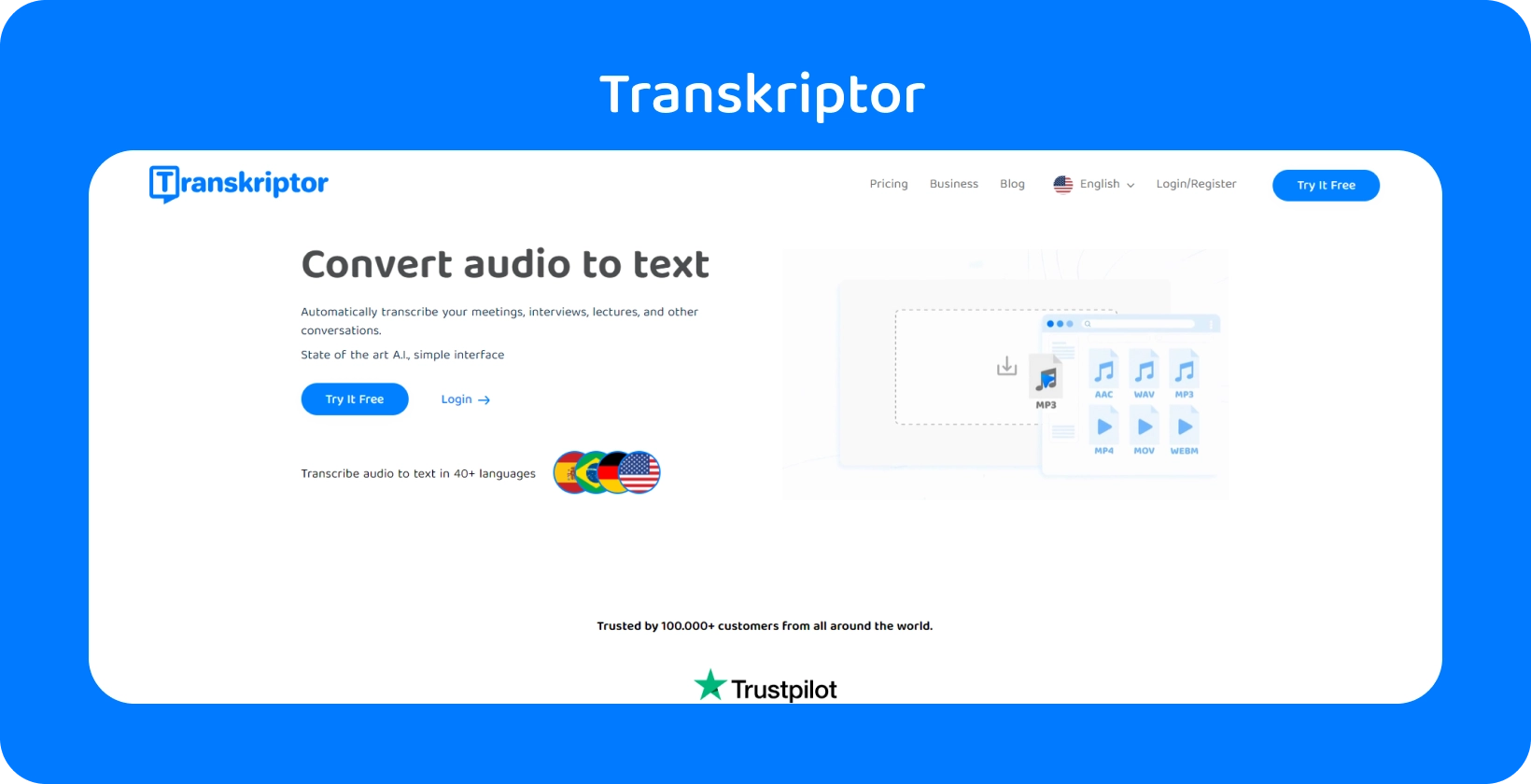 Captura de pantalla de la interfaz del software de transcripción 'Transkriptor' que muestra una transcripción de diálogo.