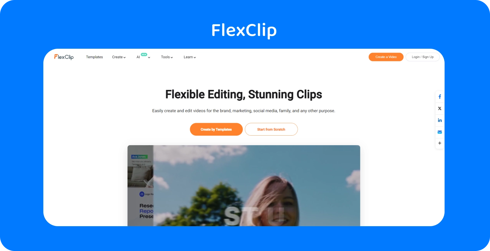 FlexClip Text to Speech Video Makeri liides näitab lihtsat ja tõhusat viisi teksti teisendamiseks realistlikuks AI kõneks.