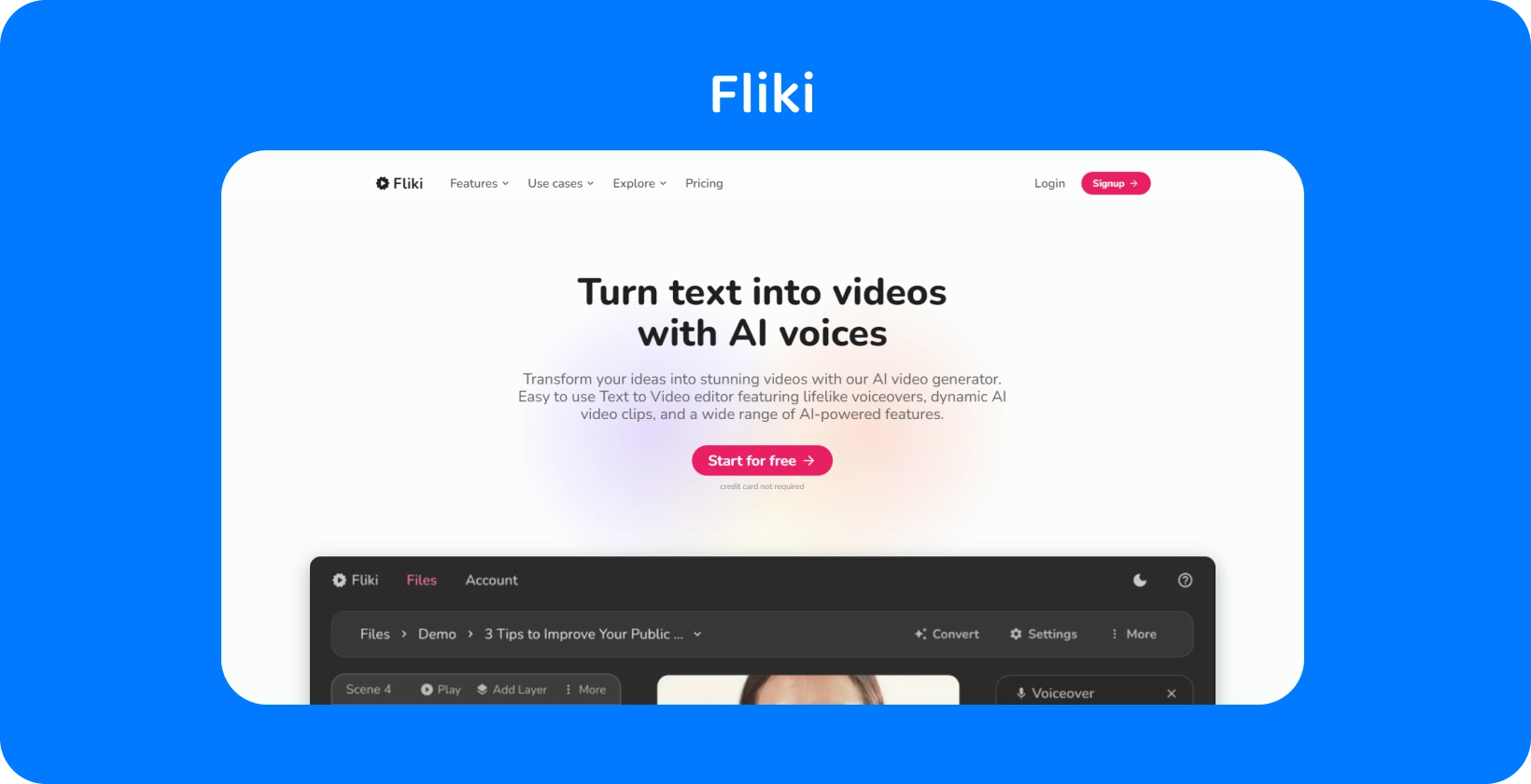 Fliki's platform page shows how to turn text into videos with AI voices, offering a text-to-video editing experience.