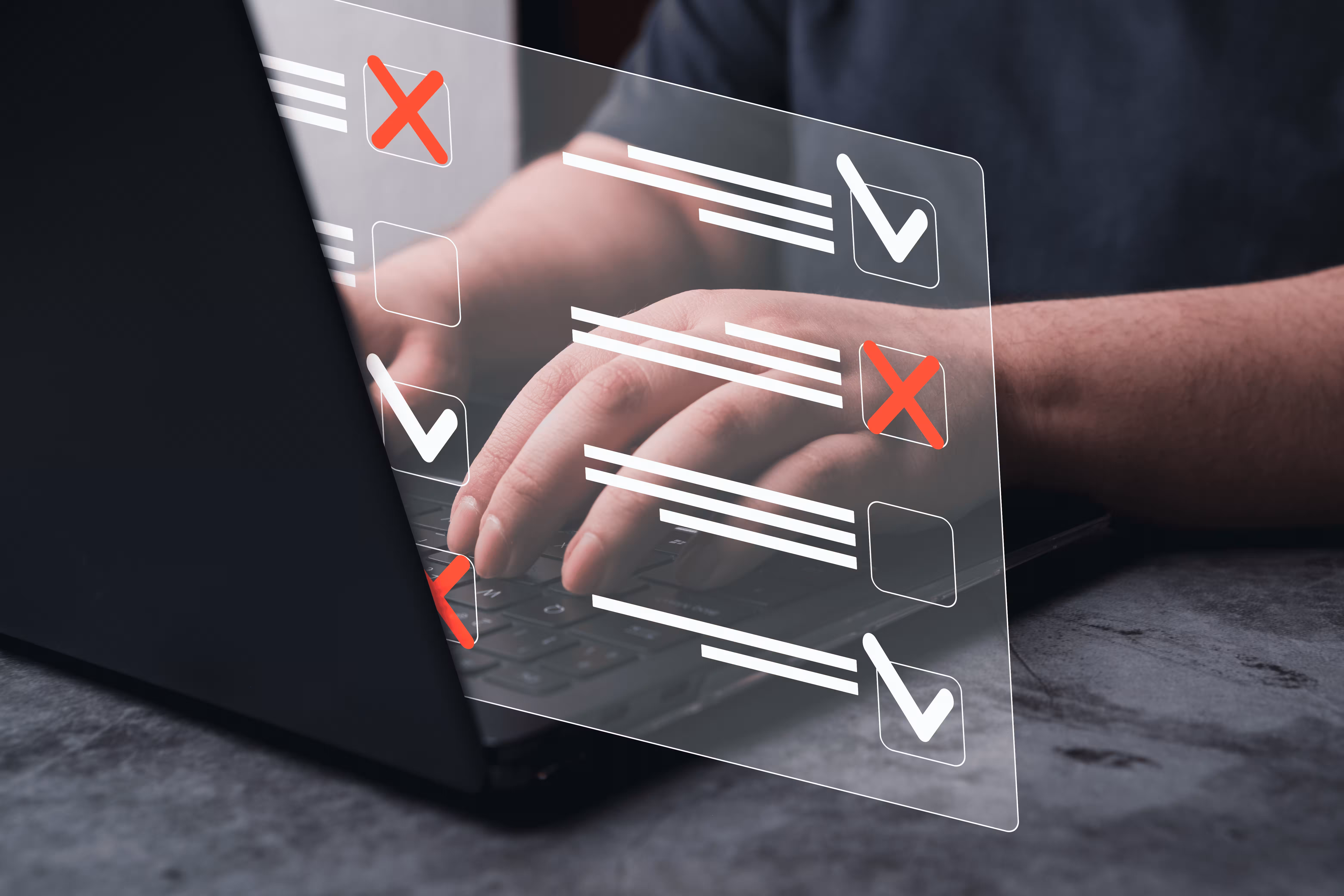 Person typing on laptop with digital checklist overlay showing checkmarks and X marks