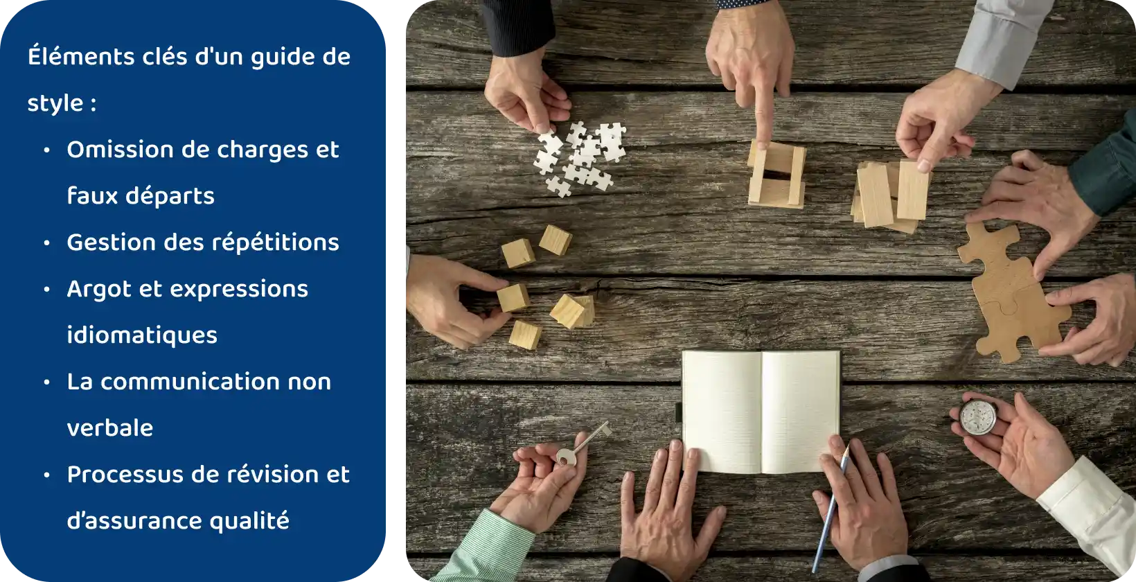 Un espace de travail collaboratif où les mains assemblent des puzzles et des blocs de bois, visualisant les éléments clés d’un guide de transcription.
