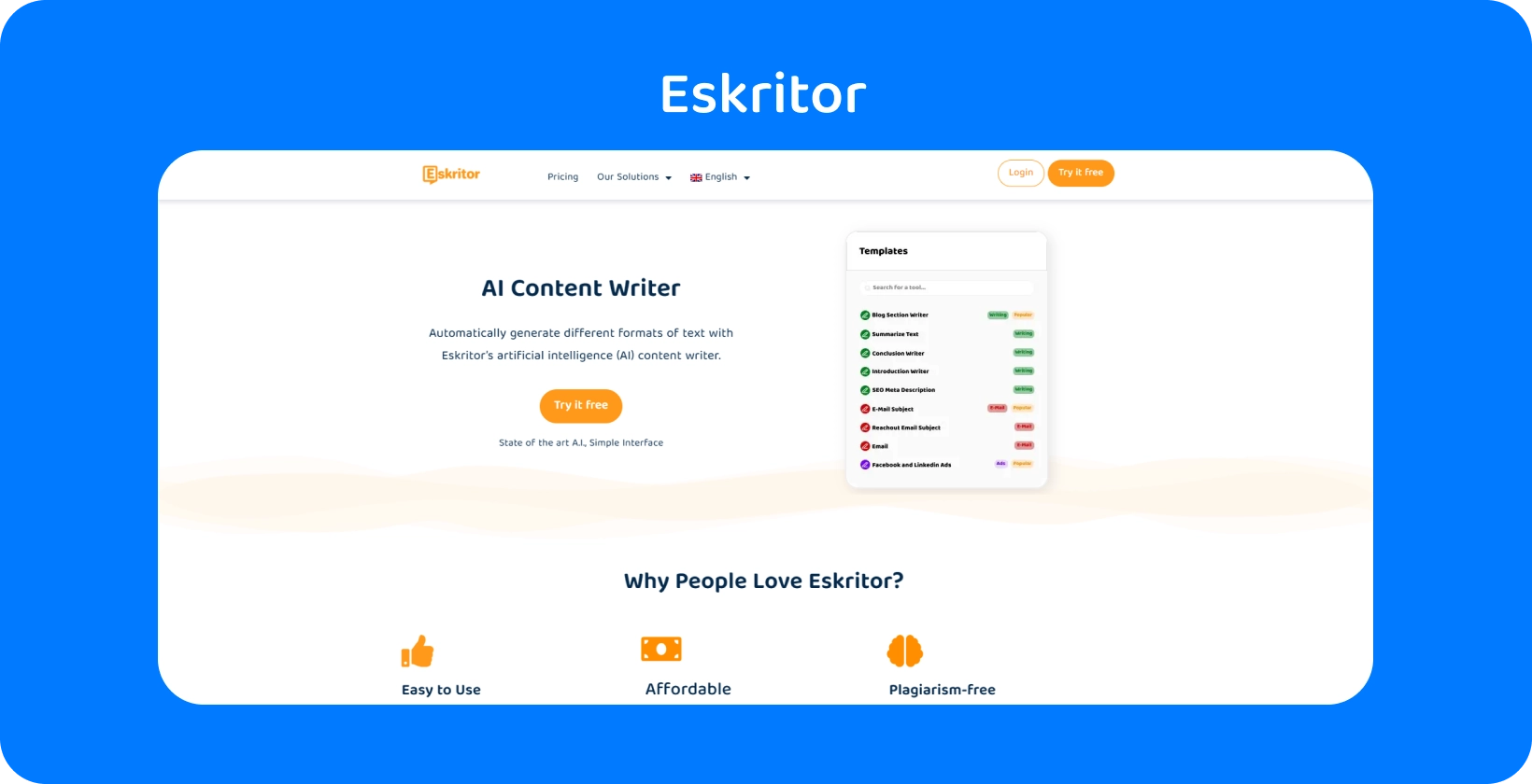 Bannière de page d’accueil Eskritor, mettant l’accent sur l’assistant de rédaction juridique alimenté par AI pour les avocats.