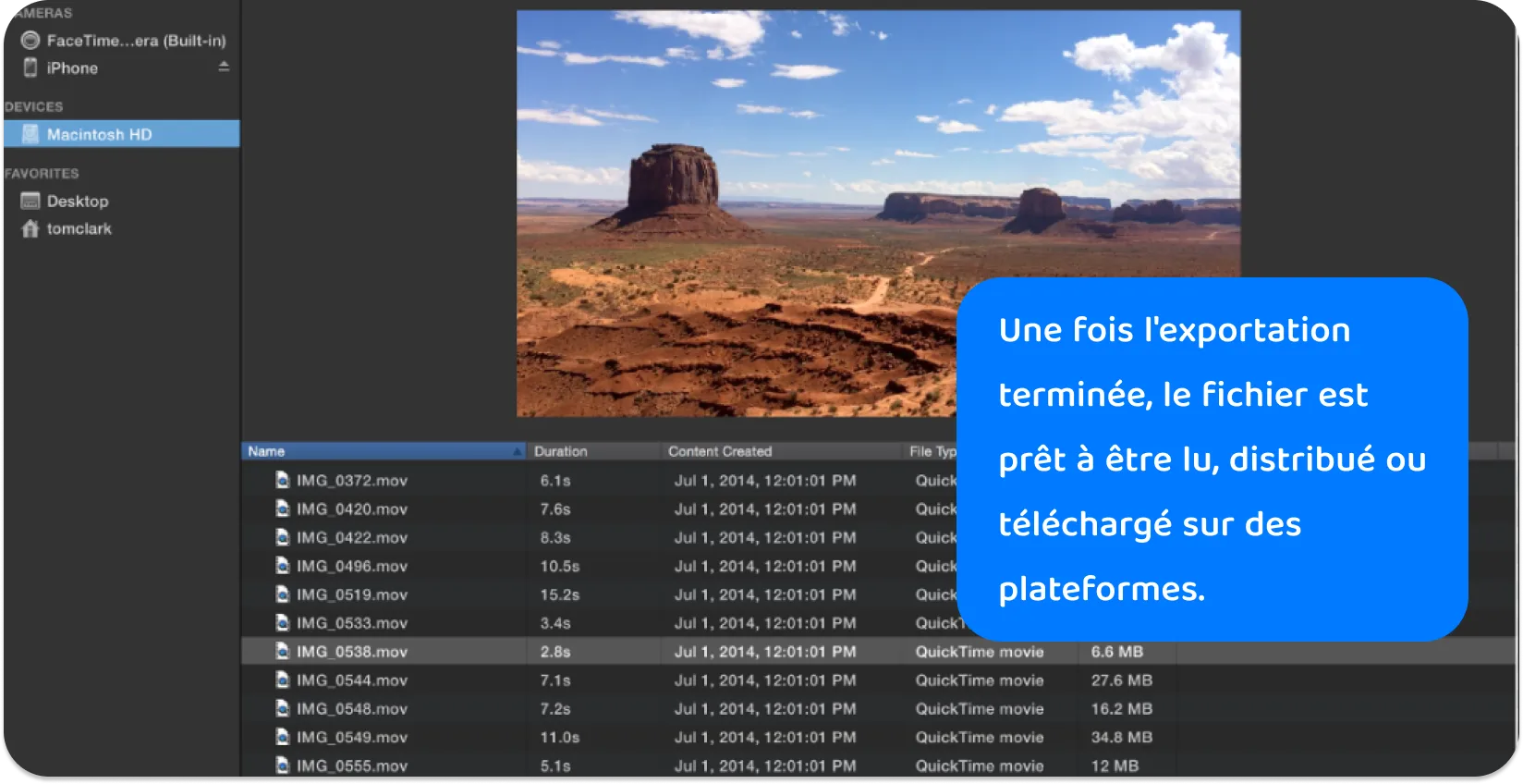 Capture d’écran de la médiathèque d’iMovie avec une sélection de fichiers .mov, présentant différentes longueurs de vidéo pour le montage de projet.