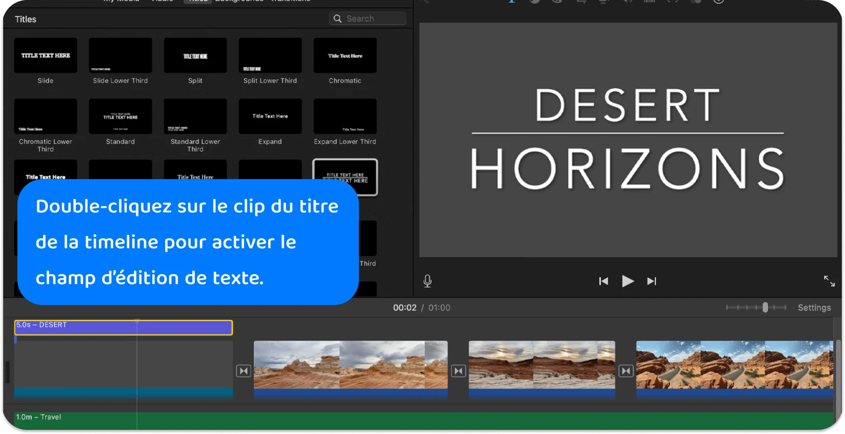 L’interface iMovie Titles affiche une variété de styles et de formats de texte permettant d’ajouter des titres professionnels à des projets vidéo.
