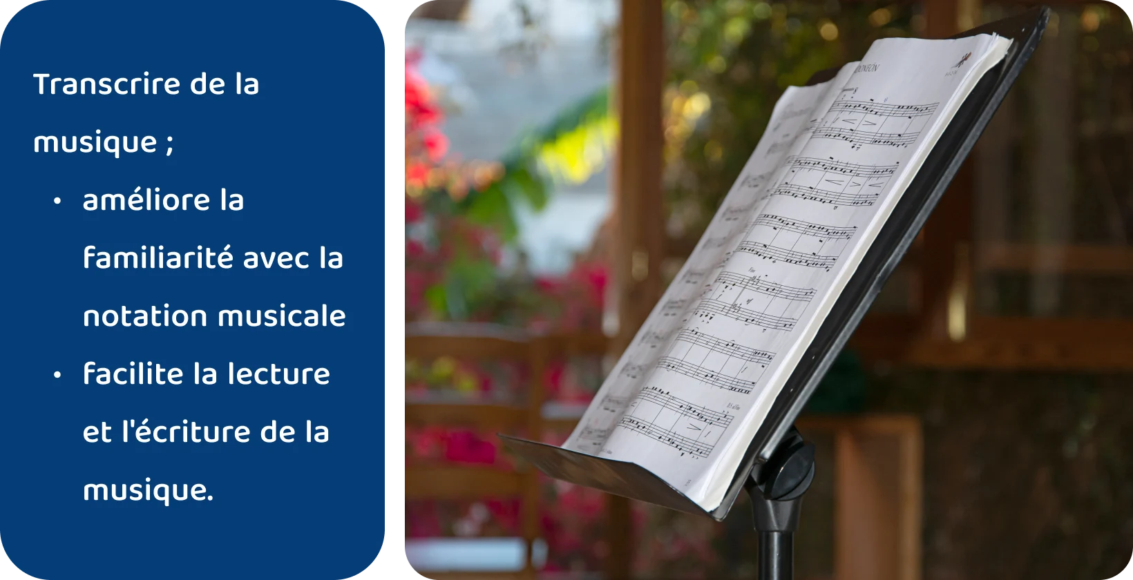 Partitions sur un support avec un arrière-plan naturel flou, soulignant les avantages de la transcription de la musique pour la littératie musicale.