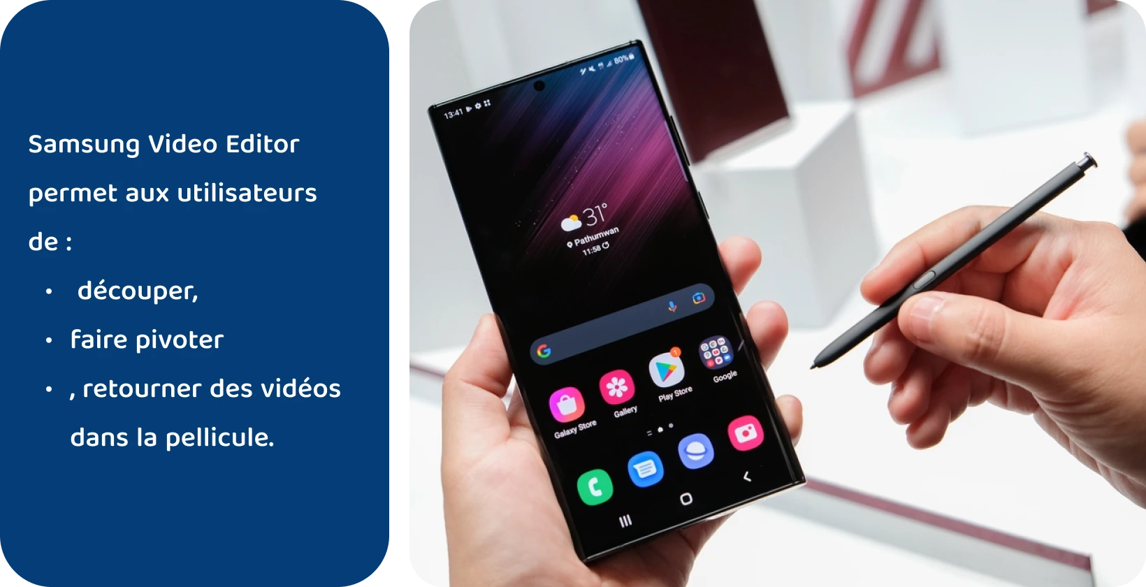 Tenir à la main l’appareil Samsung Note avec le stylet S Pen, prêt à éditer et à ajouter du texte à une vidéo à l’écran.