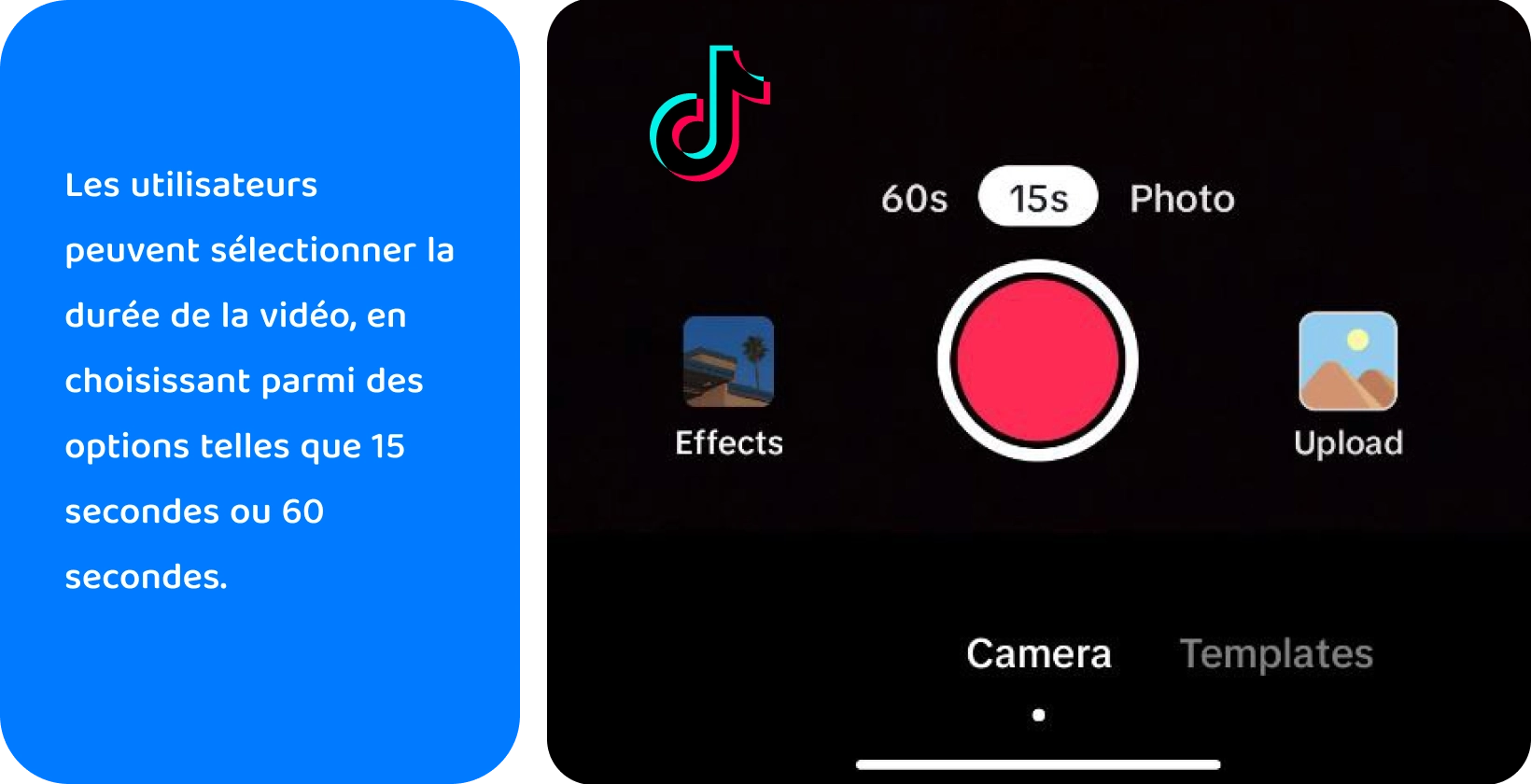 L’interface d’enregistrement de TikTok avec des options pour ajouter du son, retourner la caméra, appliquer des filtres, utiliser la minuterie et plus encore pour la création de vidéos créatives.
