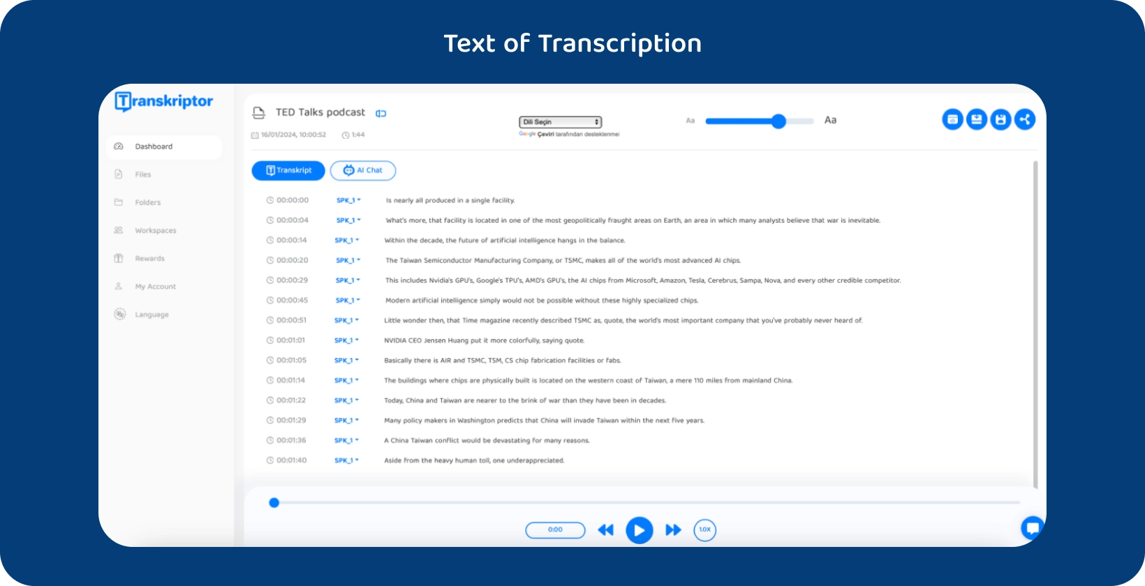 Interface du logiciel Transkriptor affichant un podcast TED Talks transcrit.