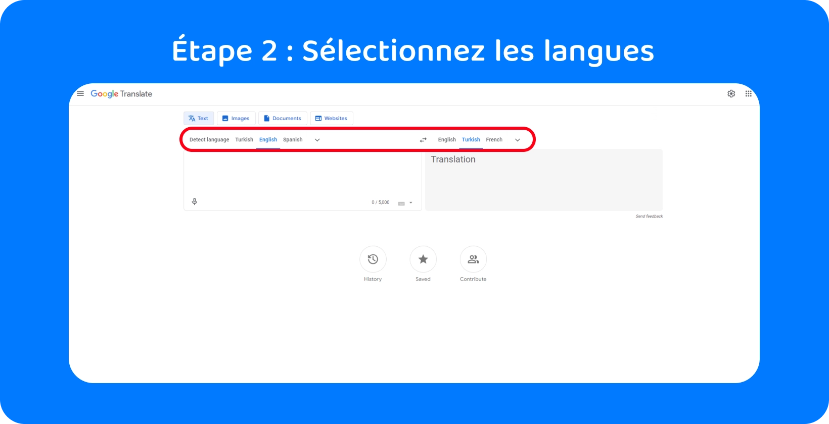 L’interface de Google Translate affiche une zone de texte prête pour l’entrée audio, Étape 2 du processus de conversion audio-texte.