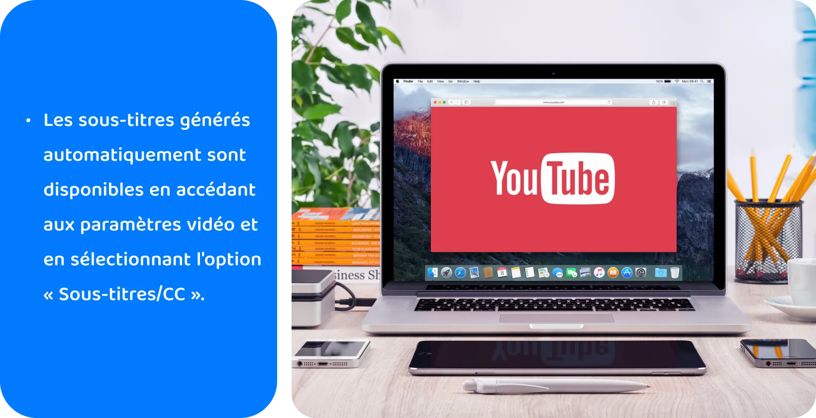 YouTube sur un écran d’ordinateur portable, favorisant l’utilisation de sous-titres générés automatiquement pour l’accessibilité vidéo et le SEO.