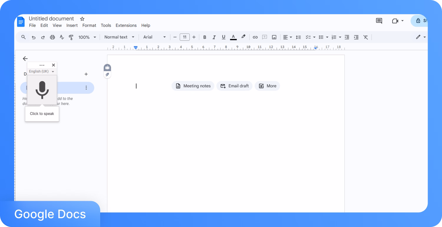 Rozhraní Google Dokumentů s aktivovanou funkcí hlasového psaní.