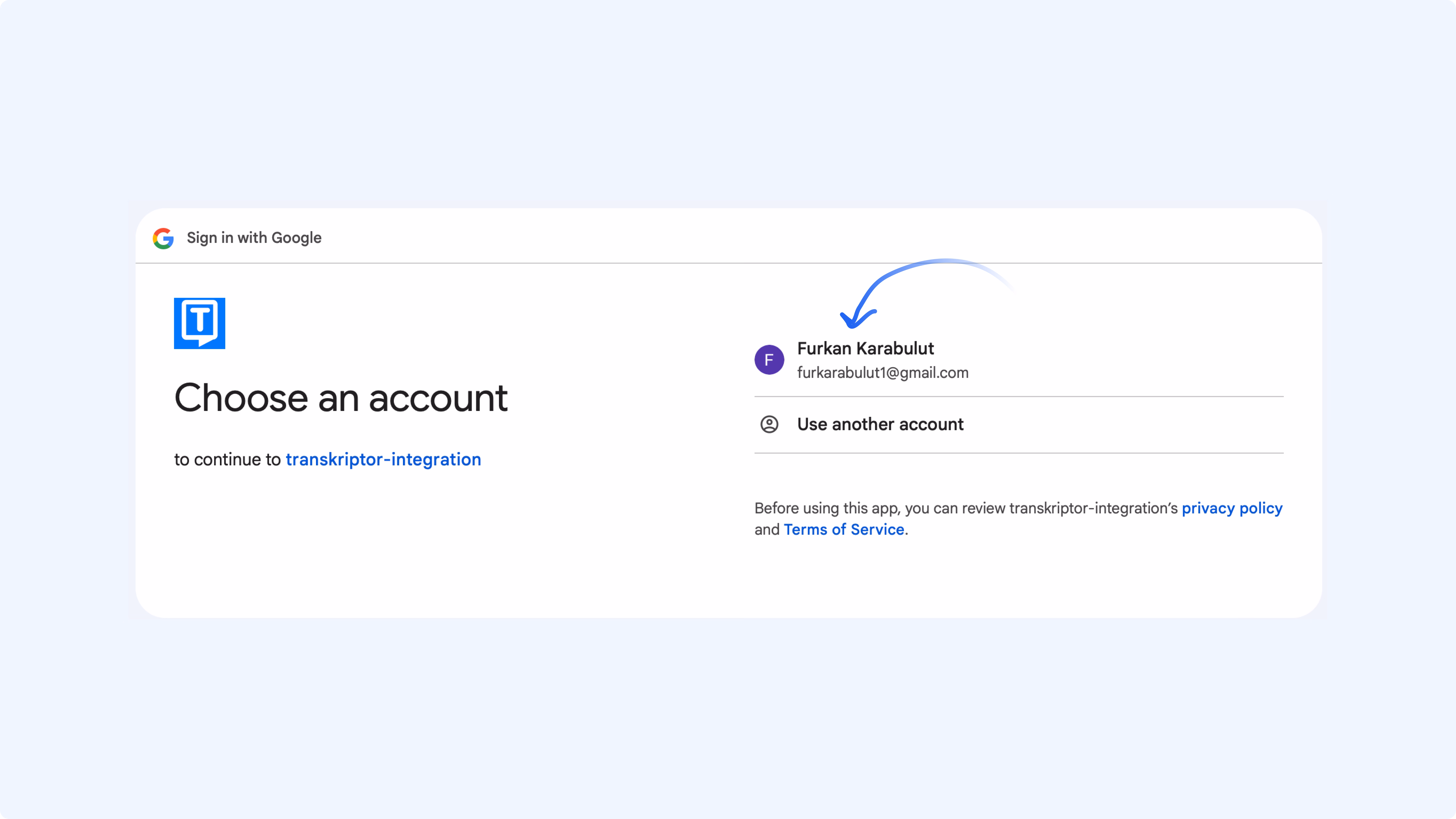 Schermata di selezione dell'account Google per l'integrazione con Transkriptor.