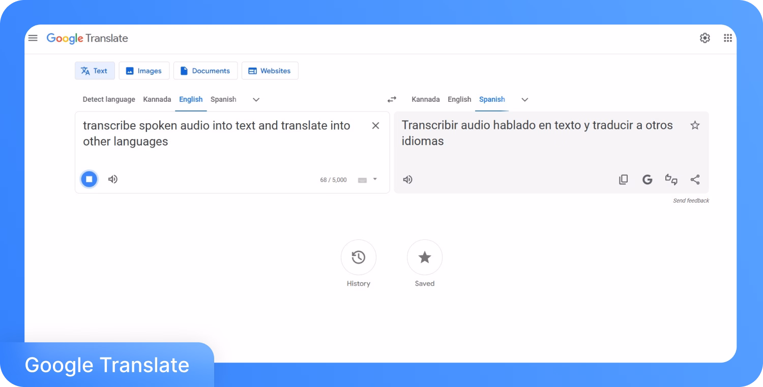 Interface do Google Tradutor para converter áudio para texto e traduzir idiomas.
