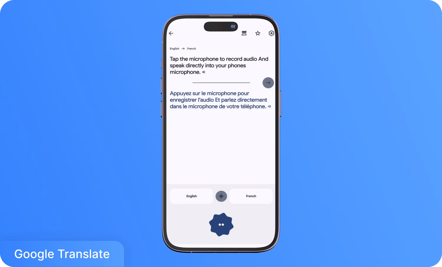 Telefone exibindo o Google Tradutor convertendo áudio em inglês para texto em francês.