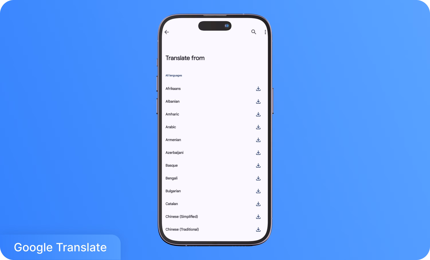 Interface do Google Tradutor em um smartphone mostrando a seleção de idioma para conversão de áudio para texto.