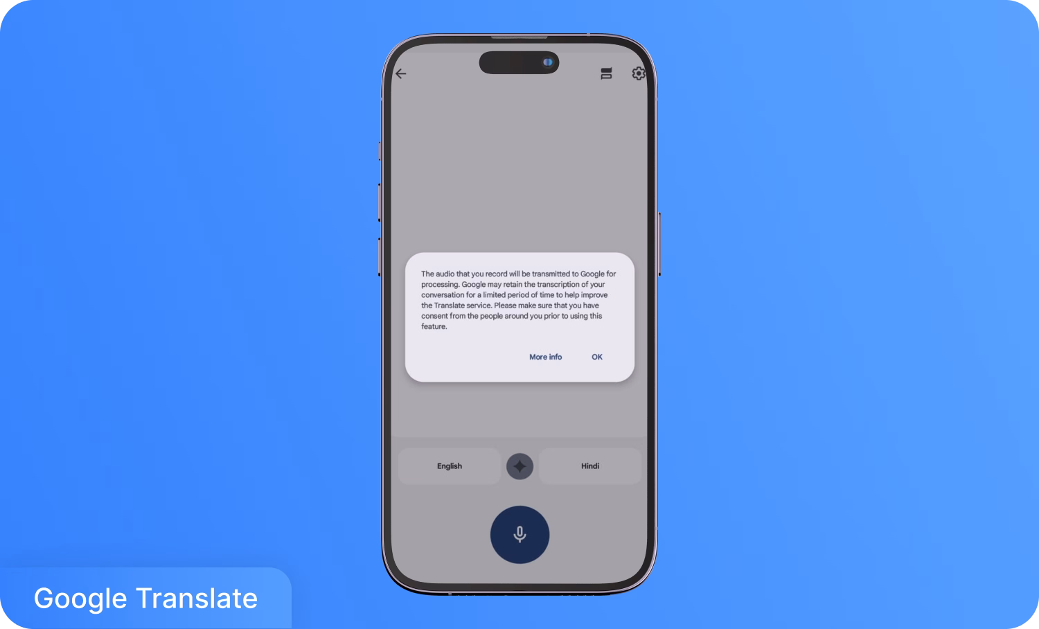 Aplicativo Google Tradutor exibindo aviso de transcrição de áudio na tela do telefone.