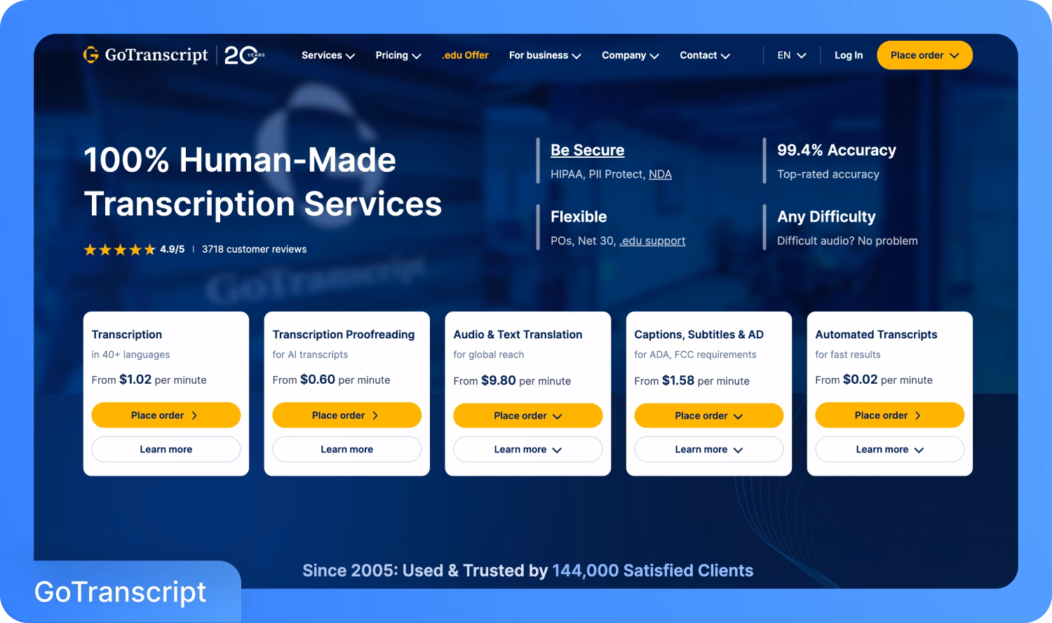 GoTranscript ofrece servicios de transcripción hechos por humanos con alta precisión y opciones flexibles.