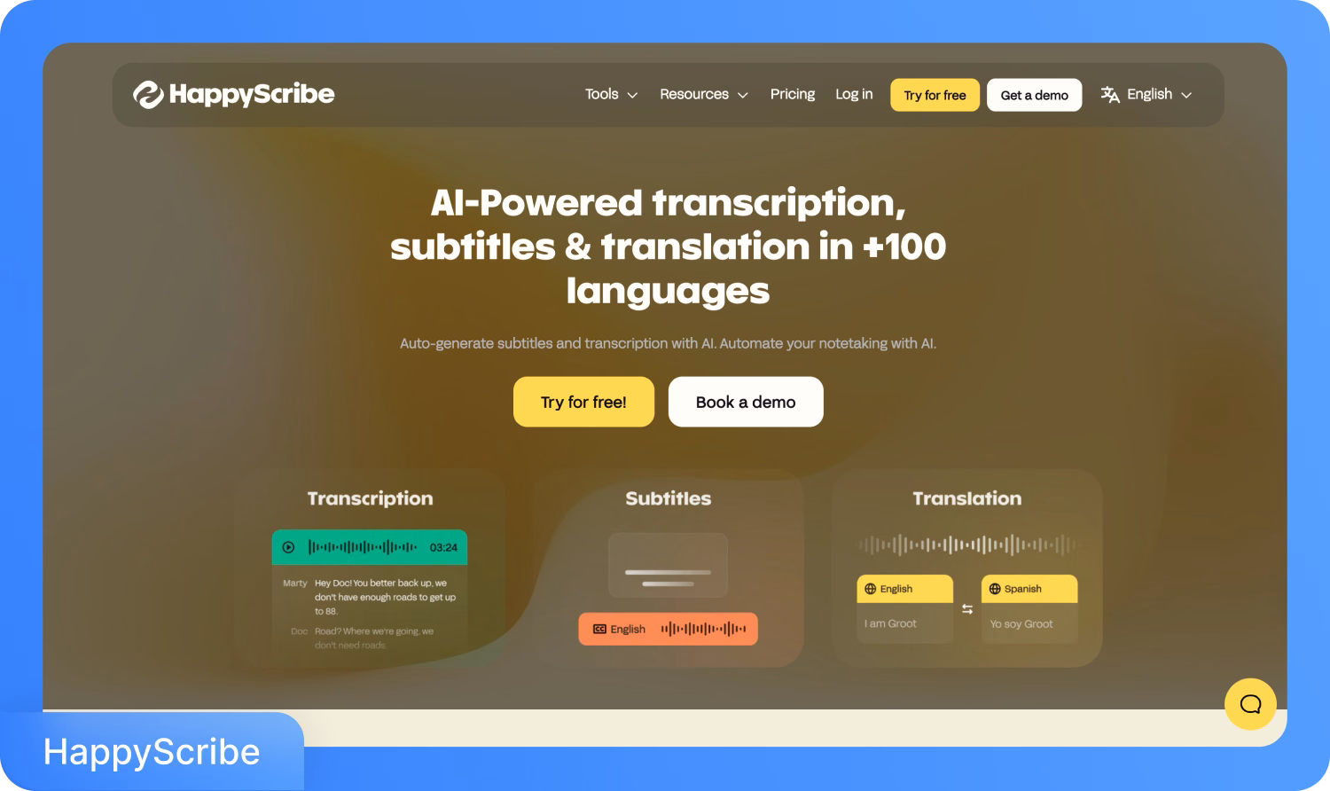 Página principal de HappyScribe mostrando servicios de transcripción, subtítulos y traducción impulsados por IA.