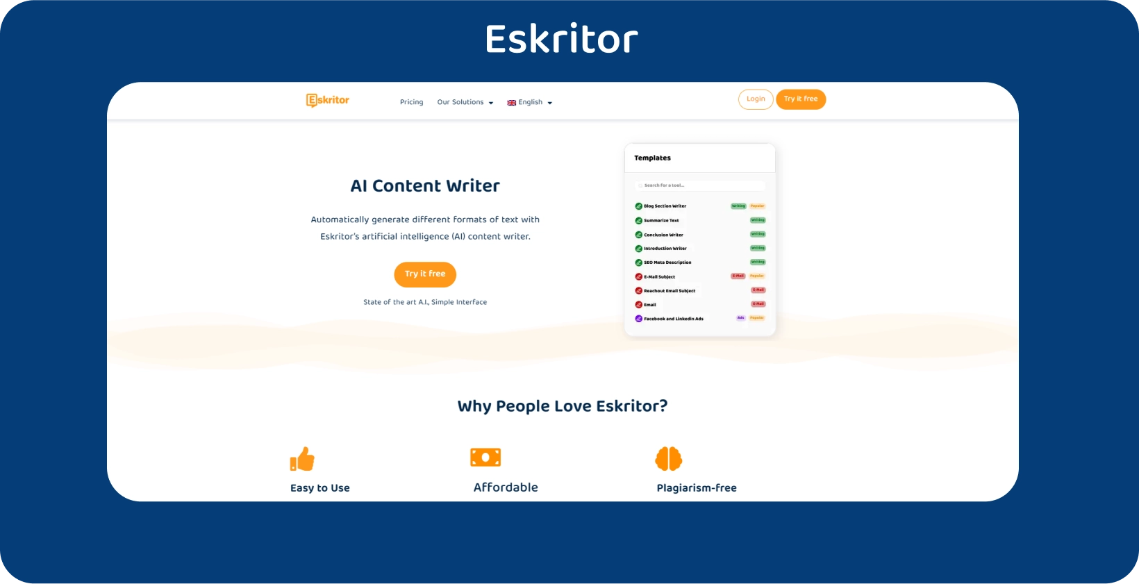ממשק עורך הטקסט AI של Eskritor מוכן ליצירת טקסט המבוסס על קלט המשתמש.