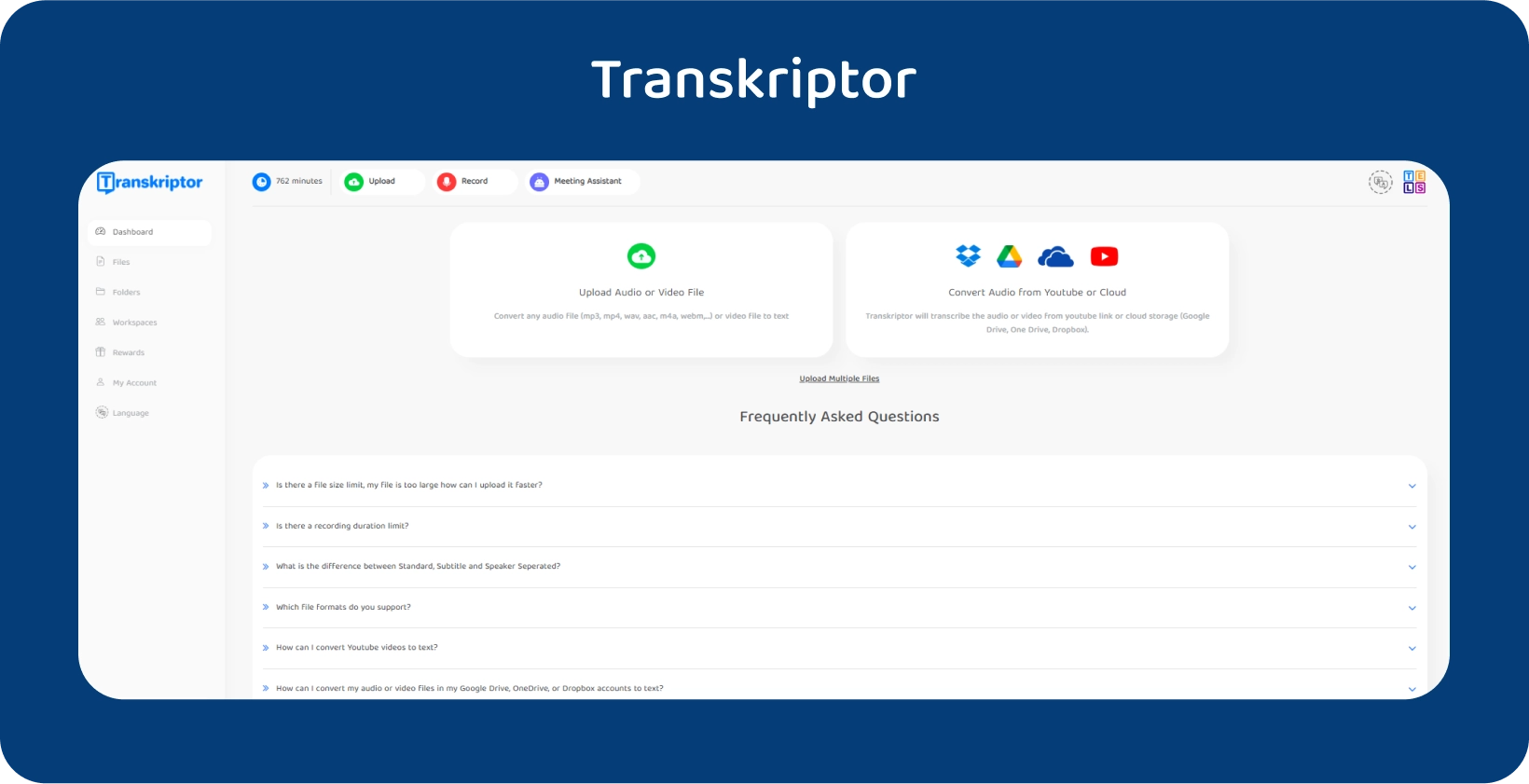 הממשק של Transkriptor מקדם את שירות המרת האודיו לטקסט שלה.