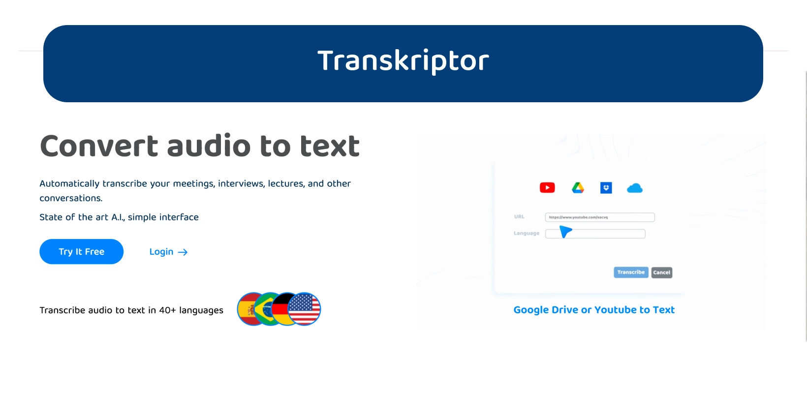 O painel da Transkriptor apresenta seus recursos de conversão de áudio em texto para uma transcrição eficiente.