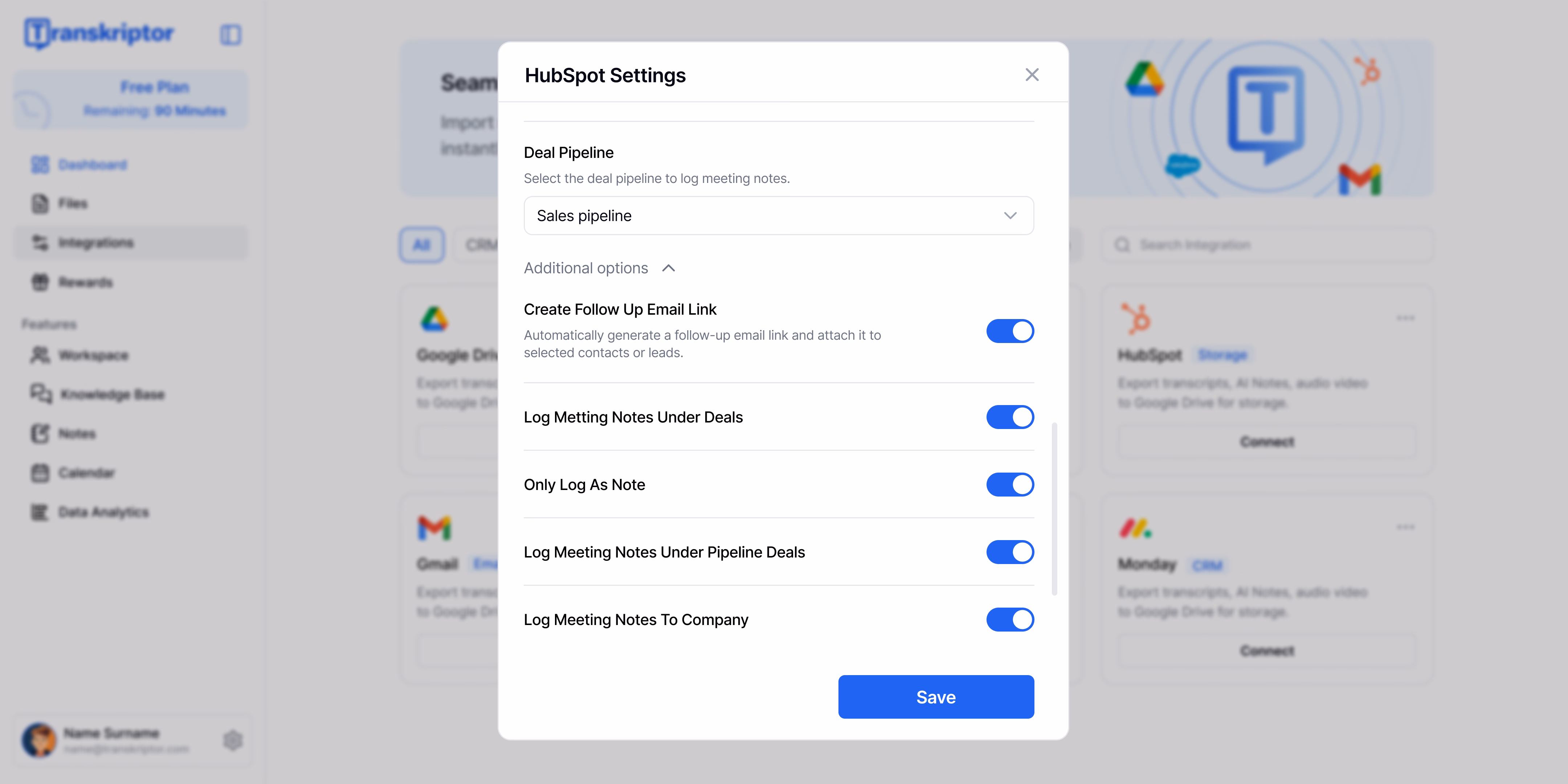 Impostazioni di integrazione di HubSpot nell'interfaccia dell'applicazione Transkriptor.