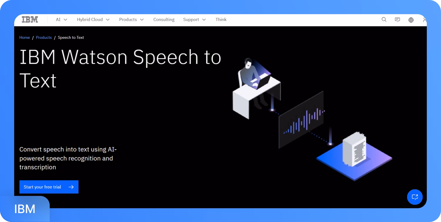 ממשק כלי התמלול מבוסס בינה מלאכותית IBM Watson Speech to Text.