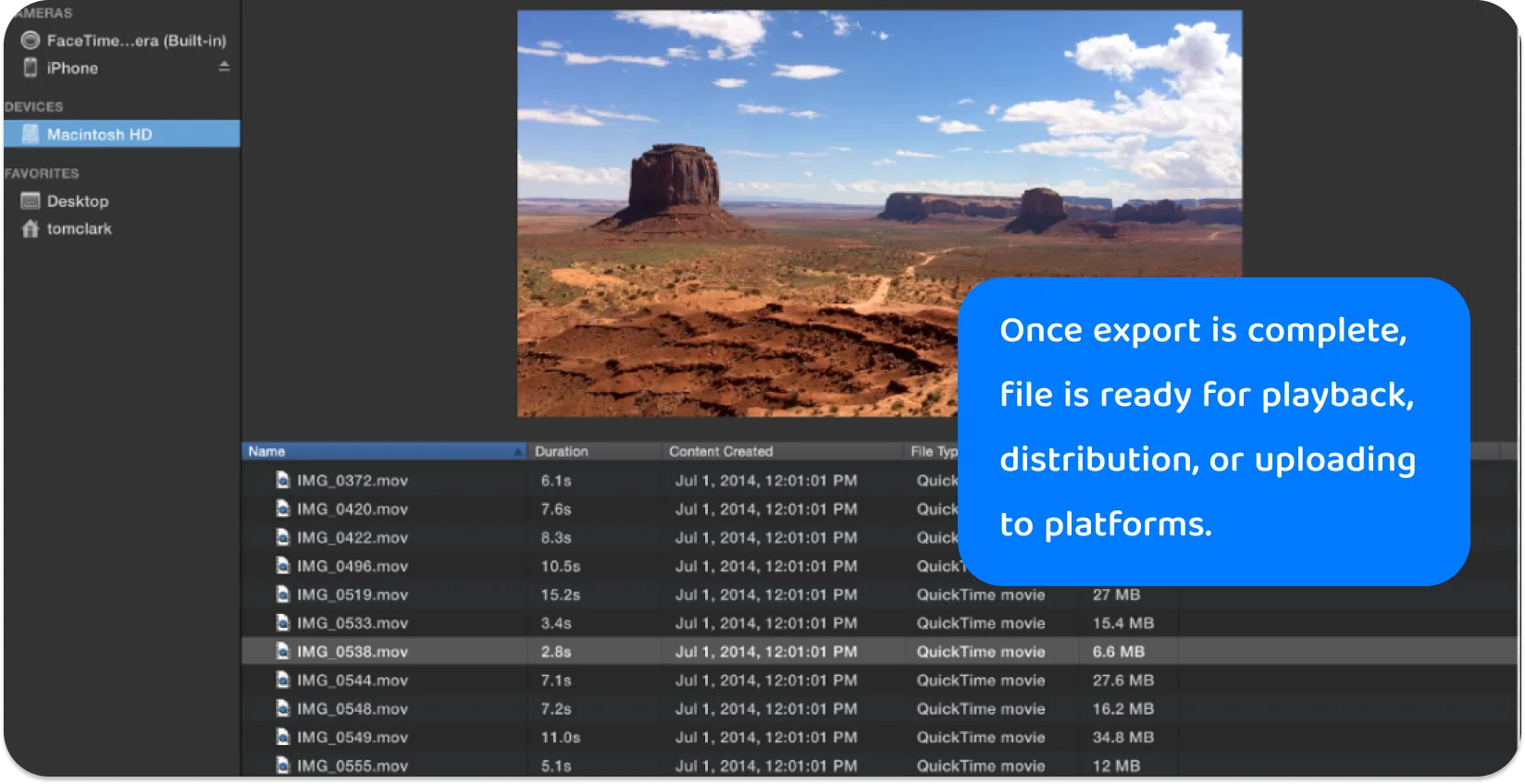 iMovie のメディアライブラリと .mov ファイルの選択のスクリーンショットで、プロジェクト編集用のさまざまなビデオの長さを示しています。