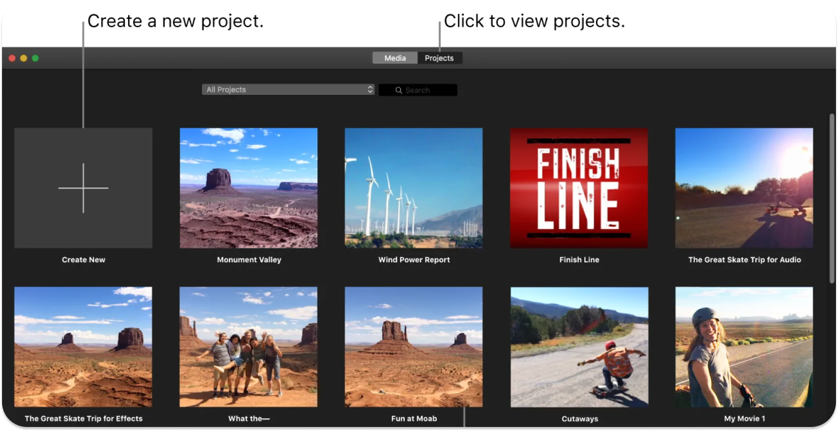 iMovie इंटरफ़ेस वीडियो प्रोजेक्ट थंबनेल की एक सरणी प्रदर्शित करता है, एक नया प्रोजेक्ट बनाने या किसी मौजूदा को खोलने के संकेत के साथ।
