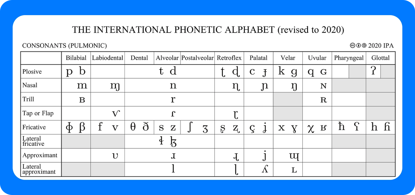 Tabel van het Internationaal Fonetisch Alfabet voor medeklinkers, herzien in 2020, met details over articulatiepunten.