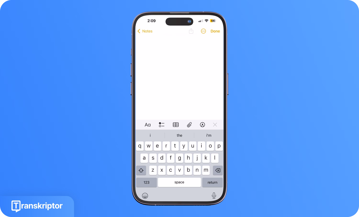 iPhone displaying the Notes app interface with Transkriptor logo on a blue background.