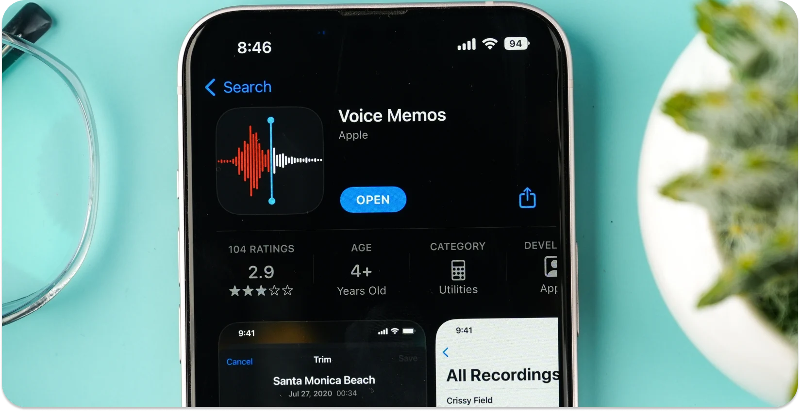 iPhone عرض تطبيق المذكرات الصوتية لسهولة نسخ التسجيلات.