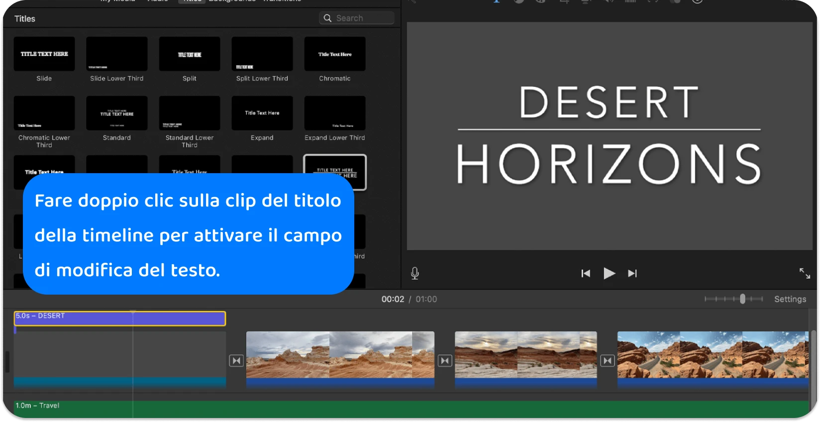 L'interfaccia Titoli di iMovie mostra una varietà di stili e formati di testo per aggiungere titoli professionali ai progetti video.
