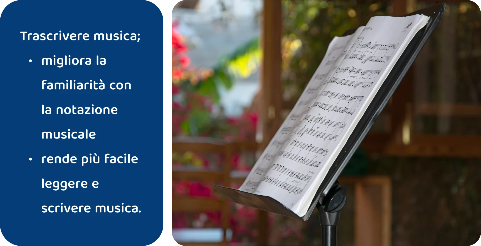 Spartiti su un supporto con sfondo naturale sfocato, che evidenziano i vantaggi della trascrizione della musica per l'alfabetizzazione musicale.